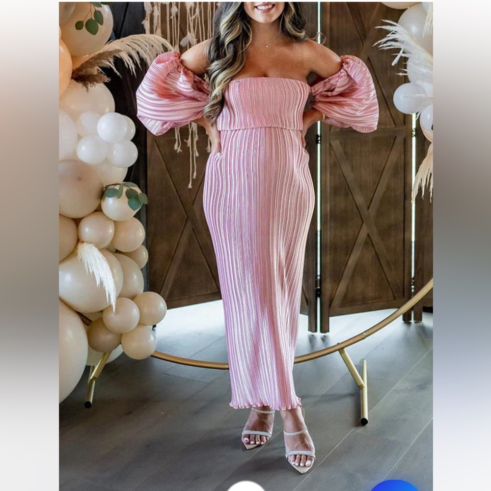 Pink Off Shoulder Ribbed Pleated Puff Sleeve Maternity Dress | Size S